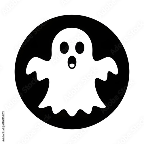 Spooky White Ghost Icon in Black Circle for Halloween Festival Infographics and Holiday Designs