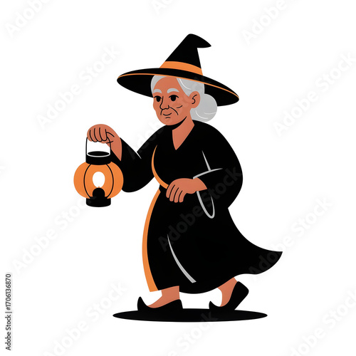 Cartoon Old Woman Witch Walking with a Spooky Pumpkin Lantern, Vector Illustration for Halloween Festival Infographics