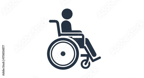 A simple black and white illustration of a person in a wheelchair, symbolizing accessibility and disability awareness