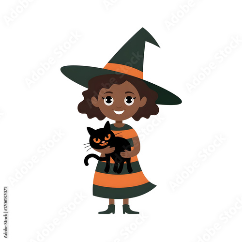 Cute African American Witch Girl Holding a Black Cat, Perfect Halloween Festival Illustration Element