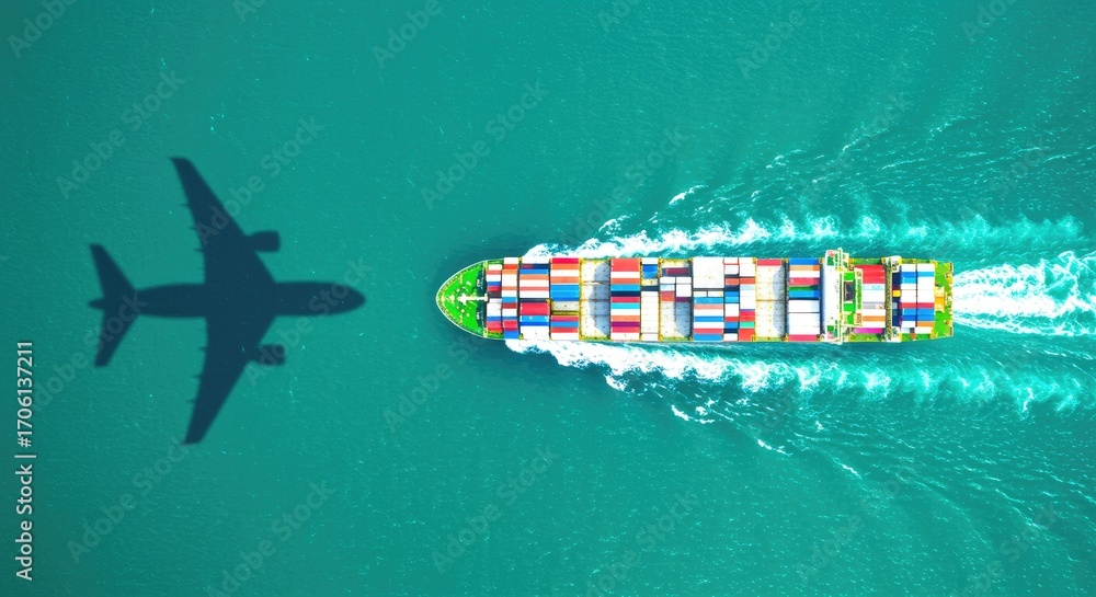 Obraz premium Aerial view of a large cargo ship carrying colorful shipping containers sailing through the ocean alongside a silhouette of an airplane