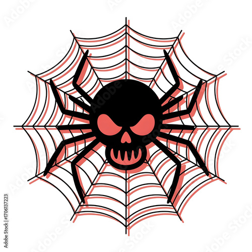 Creepy Black Spider with Skull Face and Red Details on a Spiderweb, Perfect for Halloween Festival Infographics and Decorations