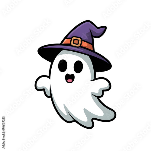 Cute Cartoon Halloween Ghost with Purple Witch Hat Illustration Isolated on White Background for Holiday Designs