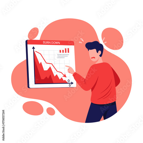 Man pointing at a declining business graph showing losses and failure.