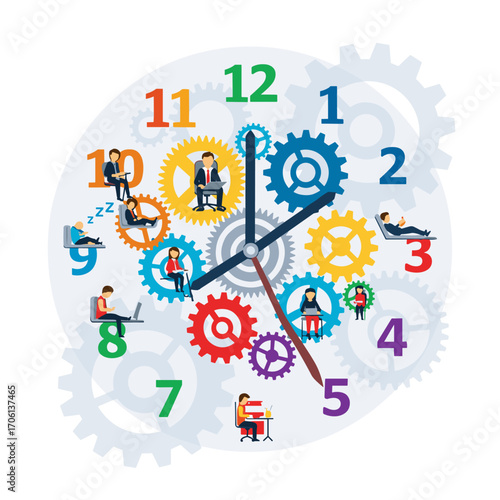 Business people working and resting around a clock with gears.