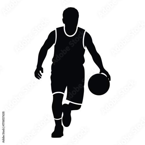 Silhouette of a basketball player dribbling a ball in action dynamic sports pose silhouette