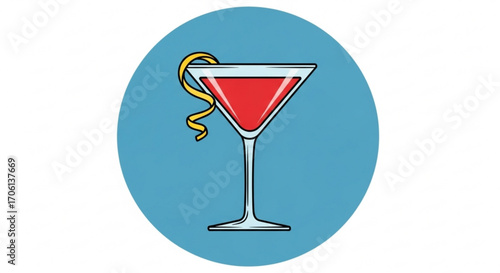 Illustration of a cosmopolitan cocktail with a lemon twist on a blue background, perfect for bar menus and drink promotions