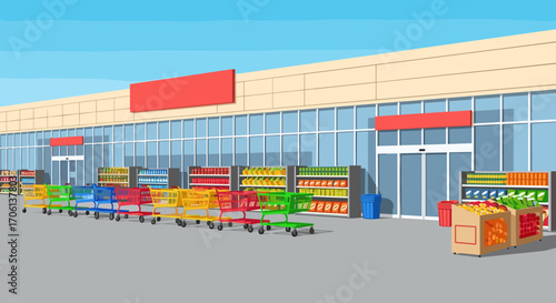 Colorful shopping carts lined up outside a modern retail store with glass windows and shelves stocked with merchandise