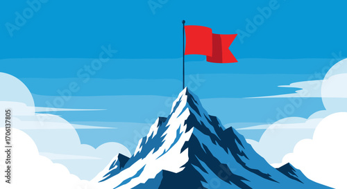 The red flag stands proudly at the summit of the snow covered mountain peak reaching for the sky surrounded by clouds