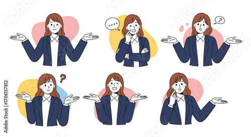 Collection of businesswoman expressions showing confusion doubt and uncertainty in various scenarios