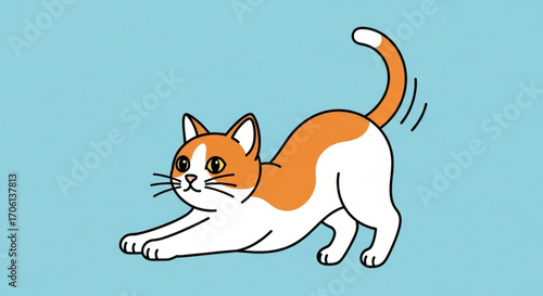 Cute cartoon cat stretching with an arched back and wagging tail on a blue background, perfect for childrens illustrations