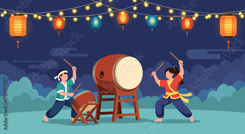 Children enthusiastically play traditional japanese drums under festive lanterns during a lively nighttime celebration