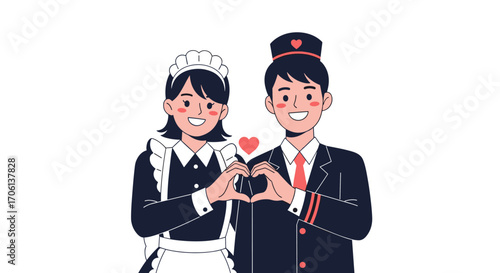 A charming illustration of a friendly hotel bellhop and a welcoming maid making a heart shape with their hands