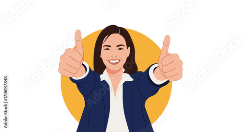 Smiling woman giving two thumbs up gesture of approval and encouragement for positive outcomes