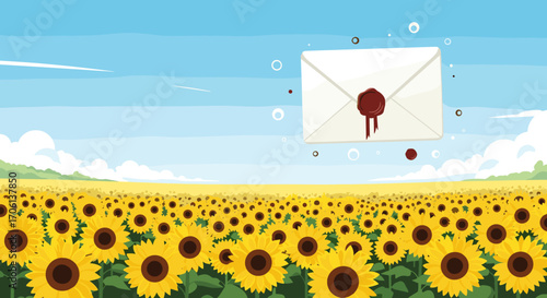 A sealed letter floats over a vast field of sunflowers under a bright blue sky with puffy clouds