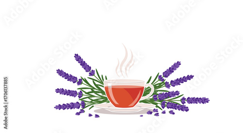 Enjoy a relaxing cup of hot herbal tea surrounded by fragrant lavender blossoms and greenery aromatic beverage experience