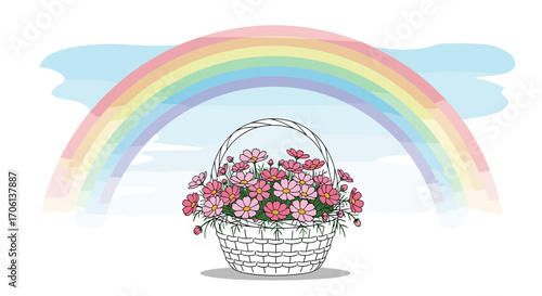 A wicker basket overflowing with pink flowers underneath a beautiful rainbow arching across a blue sky