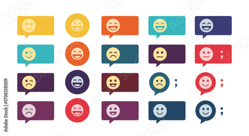 Collection of colorful chat bubbles featuring diverse emoji expressions of happiness sadness and surprise