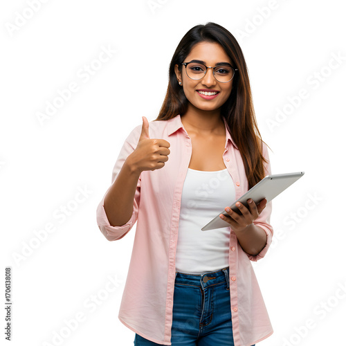 Young Indian woman holding tablet and giving thumbs up against white background
