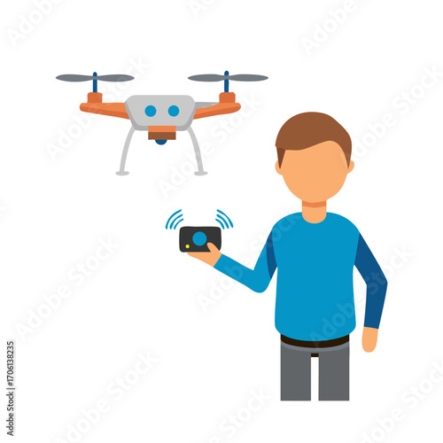 Vector illustration of boy controlling drone with remote controller, flat clean design modern aerial technology concept
