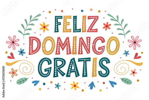 Feliz Domingo Gratis text with floral elements on PNG Transparent background black sunday free