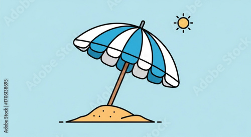 Beach umbrella with sun and sand summer vacation and holiday concept tropical beach with sunshade