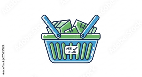 A shopping basket filled with boxes, symbolizing online shopping, ecommerce, and the convenience of adding items to the cart