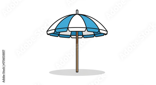 A blue and white beach umbrella, evoking summer vacation, relaxation, and protection from the suns rays on a sandy shore