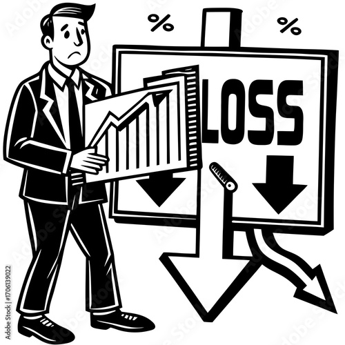 Worried businessman presents a negative financial report, highlighting business losses and declining profits with downward pointing arrows, a symbol of economic downturn and financial stress