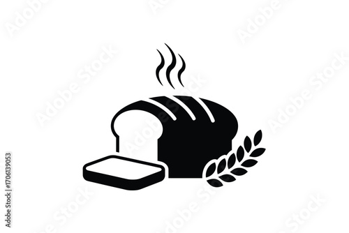 Freshly baked loaf of bread with slice and wheat stalk icon