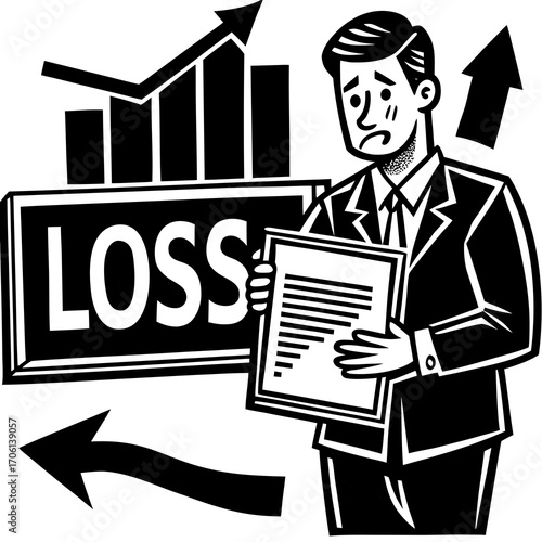 Distressed businessman facing financial loss with downward trending arrow and loss report, financial crisis and market downturn, business failure and economic recession concept