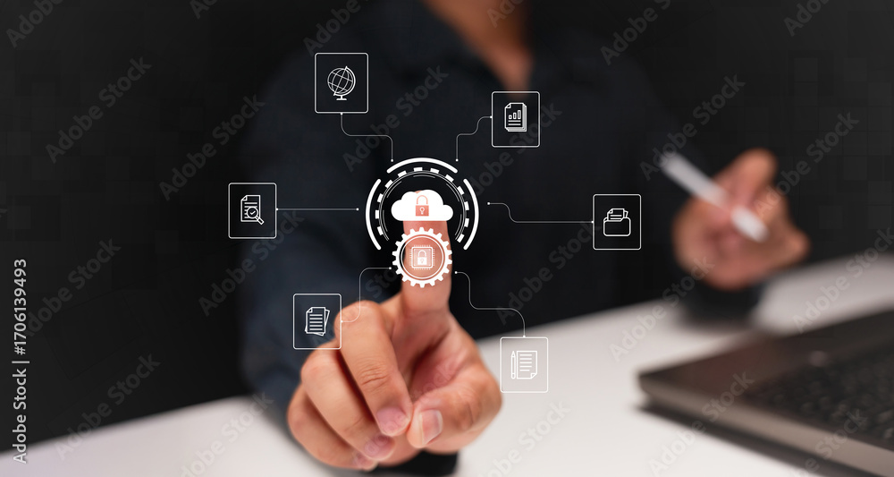 Fototapeta premium A person interacts with digital icons, symbolizing technology, data, and security, showcasing modern connectivity and engagement in a digital landscape.
