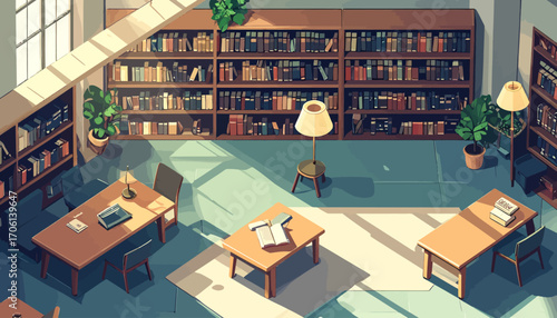 Cozy Library Interior Sunlight, Bookshelves, Tables, and Serene Atmosphere