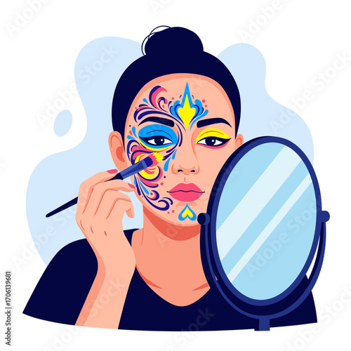 Woman Applying Colorful Face Paint in Mirror.