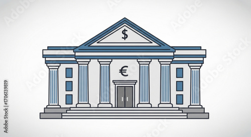 Illustration of a bank building with dollar and euro symbols financial institution with columns
