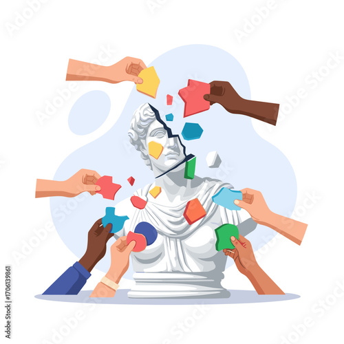 Diverse Hands Reassembling Broken Statue Symbolizing Unity and Collaboration.