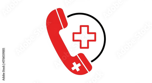 A red telephone receiver with a white medical cross inside a black circle, symbolizing emergency medical assistance