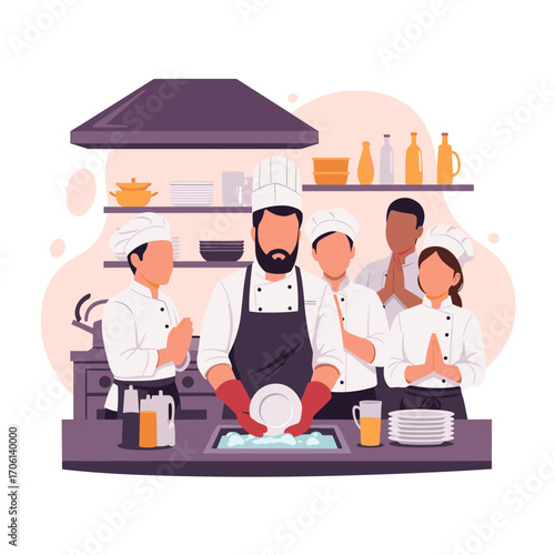 Team of chefs working together in a professional kitchen environment.