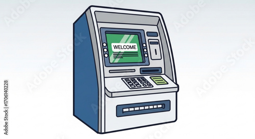Illustration of an atm machine with a welcome screen, representing banking and financial services
