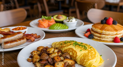 Various breakfast dishes on a wooden table top