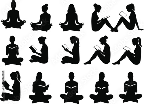 Silhouettes of women meditating and reading books, various poses sitting cross-legged, calm peaceful mindfulness, yoga and relaxation, isolated on white background