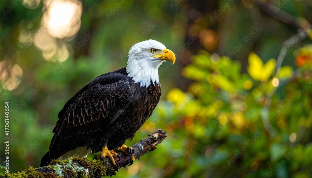 Obraz premium Bald eagle perched on mossy tree branch in forest with green foliage and sunlight, symbolizing strength, freedom, and natural majesty.