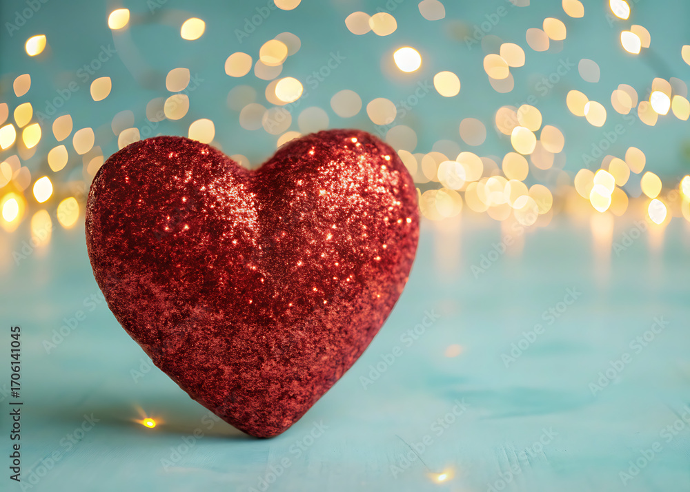 Fototapeta premium A vibrant red glitter heart sits prominently on a textured teal surface with a soft bokeh background of warm golden lights creating a romantic and celebratory atmosphere
