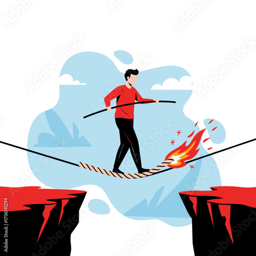 Man walking on a burning tightrope over a chasm.
