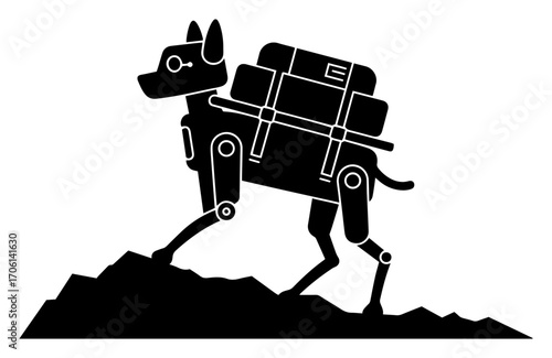 Robotic dog pack mule climbing rocky slope, futuristic quadruped cargo robot silhouette – vector illustration