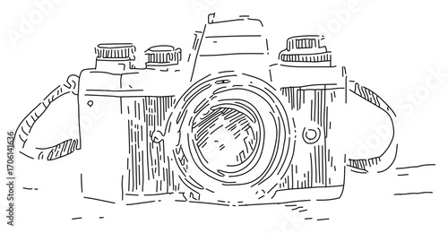 Vintage film camera with leather strap, classic photographer gear sketch – hand drawn vector illustration