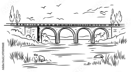 Stone arch railway viaduct spanning tranquil river valley, scenic bridge landscape – vector illustration