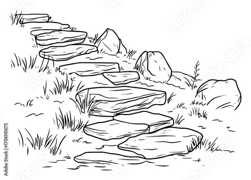 Natural stone stepping path winding uphill through grass, rustic garden trail sketch – vector illustration