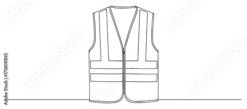 Reflective safety vest outline, high‑visibility workwear garment line drawing – vector illustration