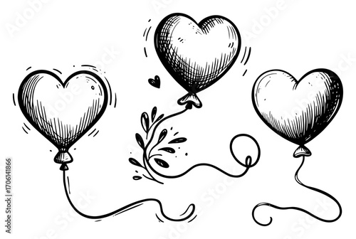 Hand drawn heart‑shaped balloons floating with playful strings, romantic celebration sketch – vector illustration